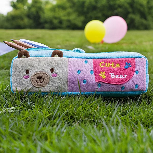[cute Bear] Embroidered Applique Pencil Pouch Bag / Cosmetic Bag / Carrying Case (7.5*2.4*1.6)