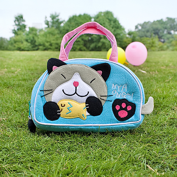 [kitty Loves Fish] Embroidered Applique Kids Mini Handbag / Cosmetic Bag / Travel Wallet (7.1*4.3*2)