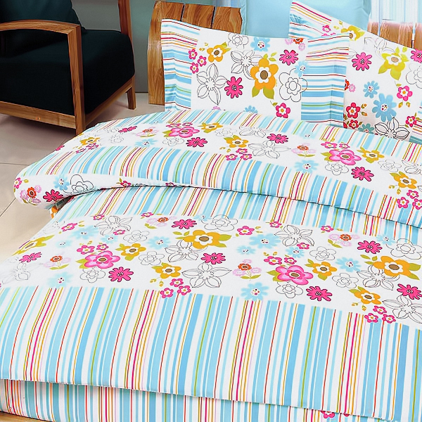 [Blooming Flowers] 100 Cotton 4PC Comforter Set (Twin Size) [Pale