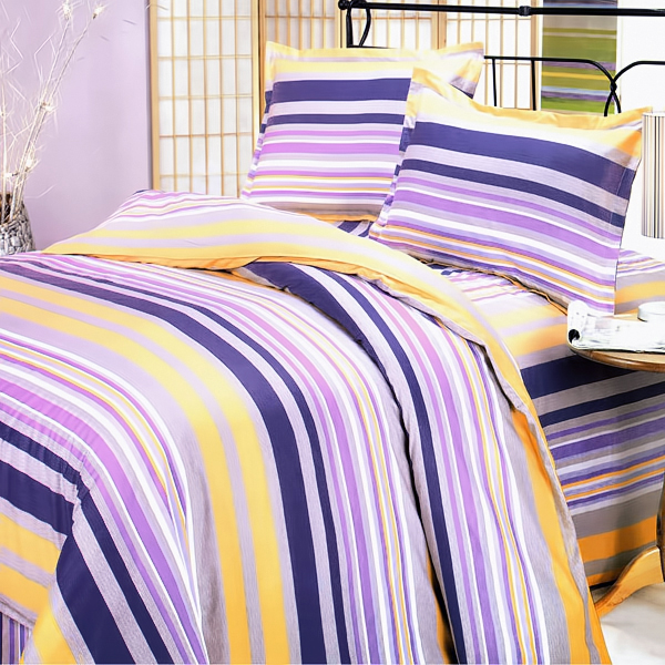 [Purple Yellow Stripes] 100% Cotton 5PC Comforter Set (Full Size)