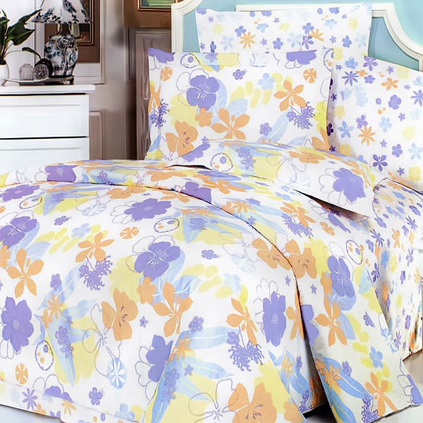 [Purple Orange Flowers] 100 Cotton 4PC Comforter Set (Twin Size