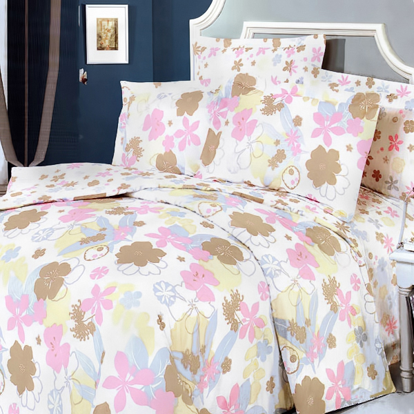 [Pink Brown Flowers] 100 Cotton 5PC Comforter Set (King Size) [Pale